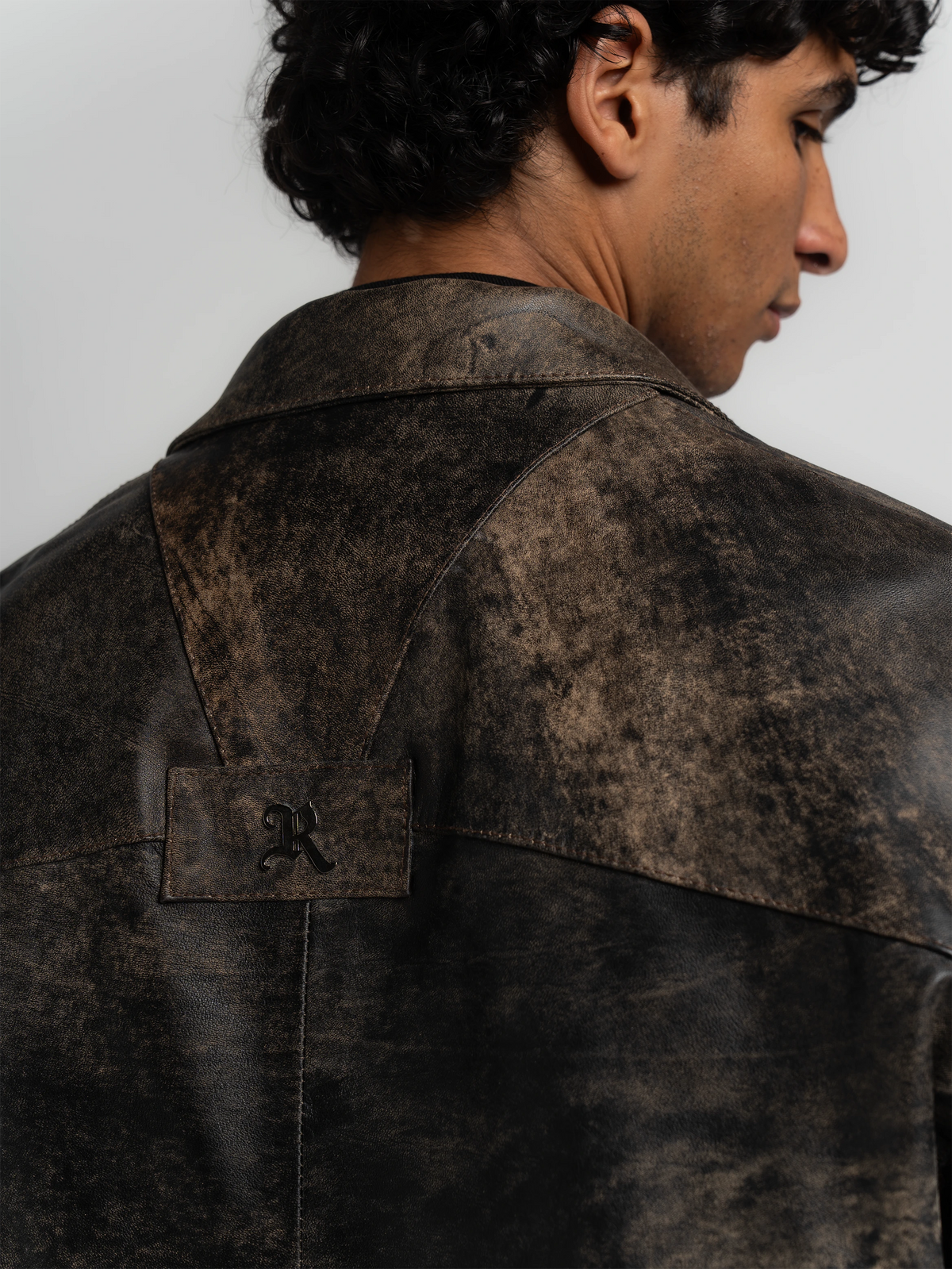 DISTRESSED LEATHER JACKET - AGED BROWN