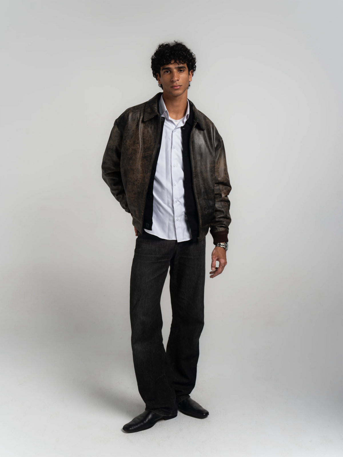 DISTRESSED LEATHER JACKET - AGED BROWN