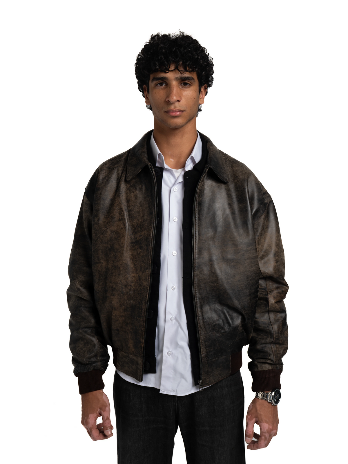 DISTRESSED LEATHER JACKET - AGED BROWN