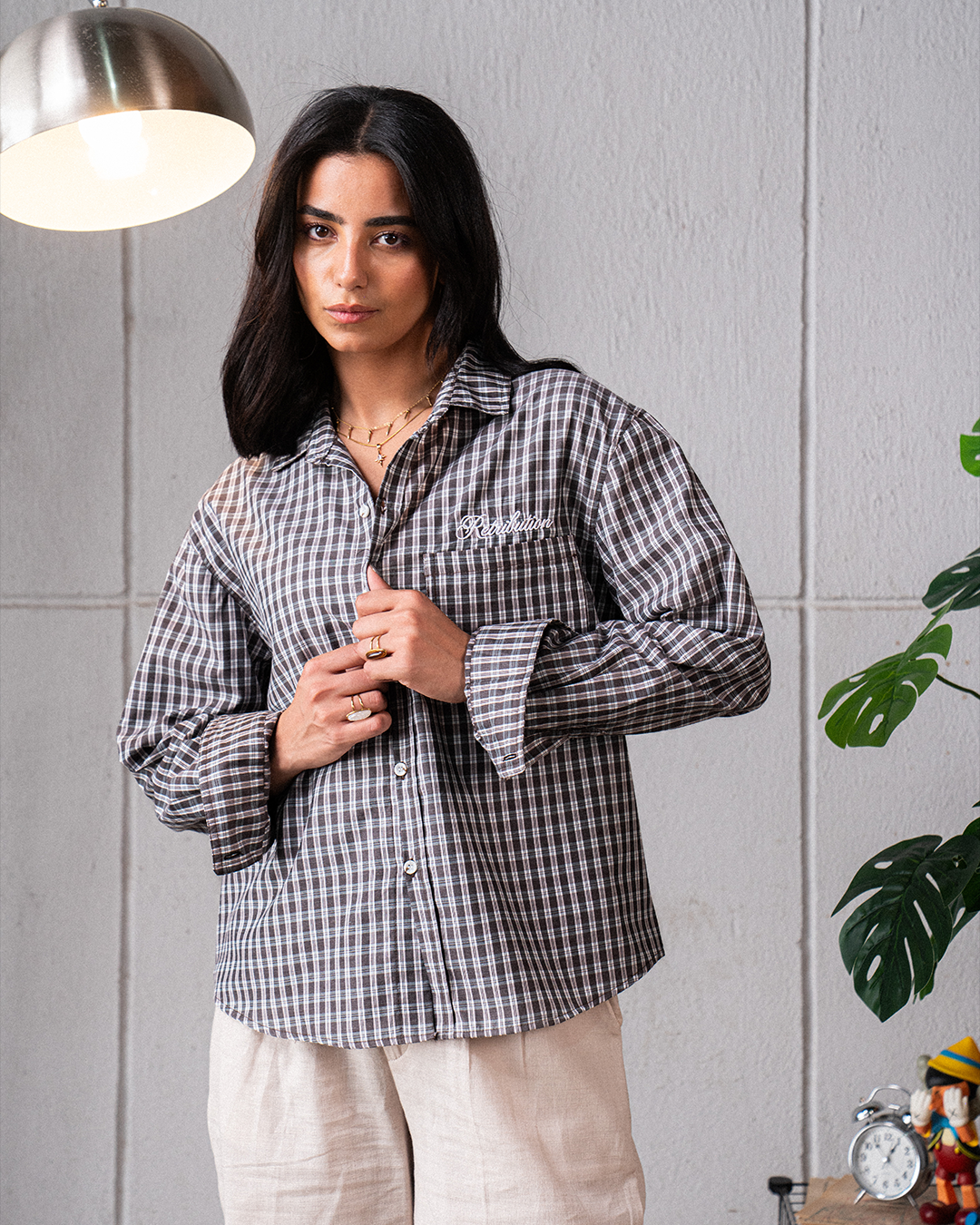 NO PLANS SHIRT - CHECKERED BROWN