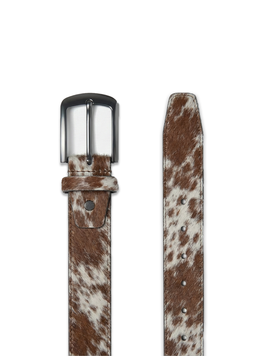 Brown and white cowhide leather belt with a silver buckle on a white background