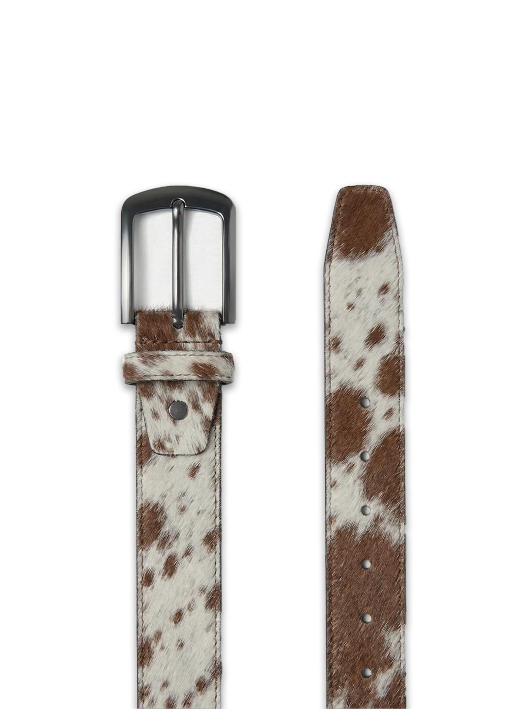 Brown and white cowhide leather belt with a silver buckle on a white background