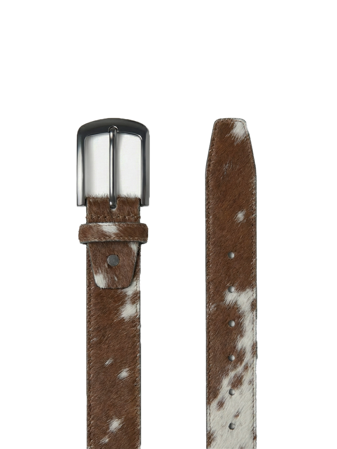 Brown leather belt with white speckles and a silver buckle on a white background